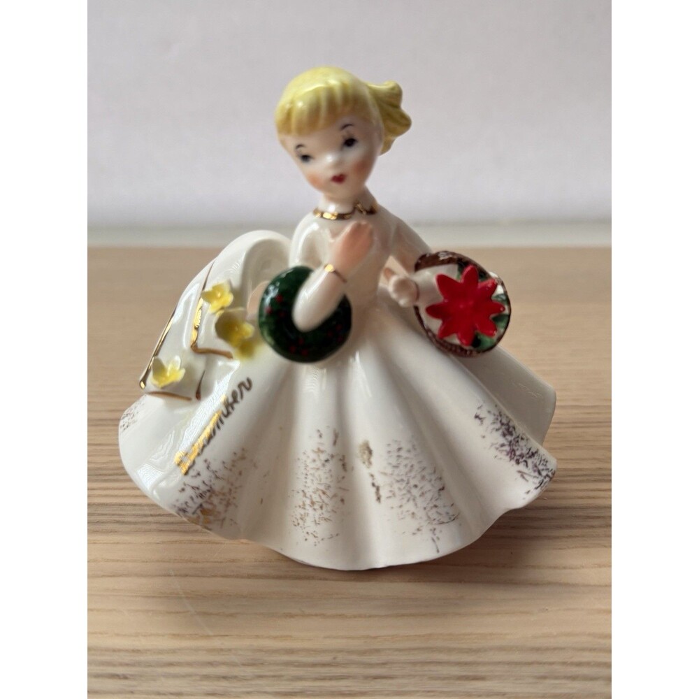 Vintage Lefton December Birthday Girl Figurine DEC Japan Poinsettia Xmas 1853